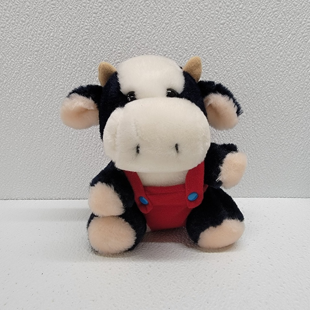 Dakin Vintage 1986 Squeak Plush Cow Baby Stuffed Animal 6.5" Red Overalls